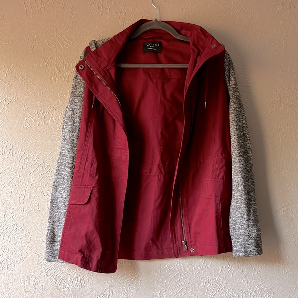 Love Tree Maroon utility Jacket with Hood and Gray Sleeves